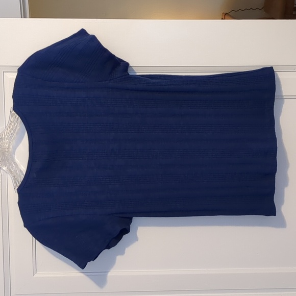 70s Style Deep Blue Notch Neck Tie Neck Top - Picture 3 of 3